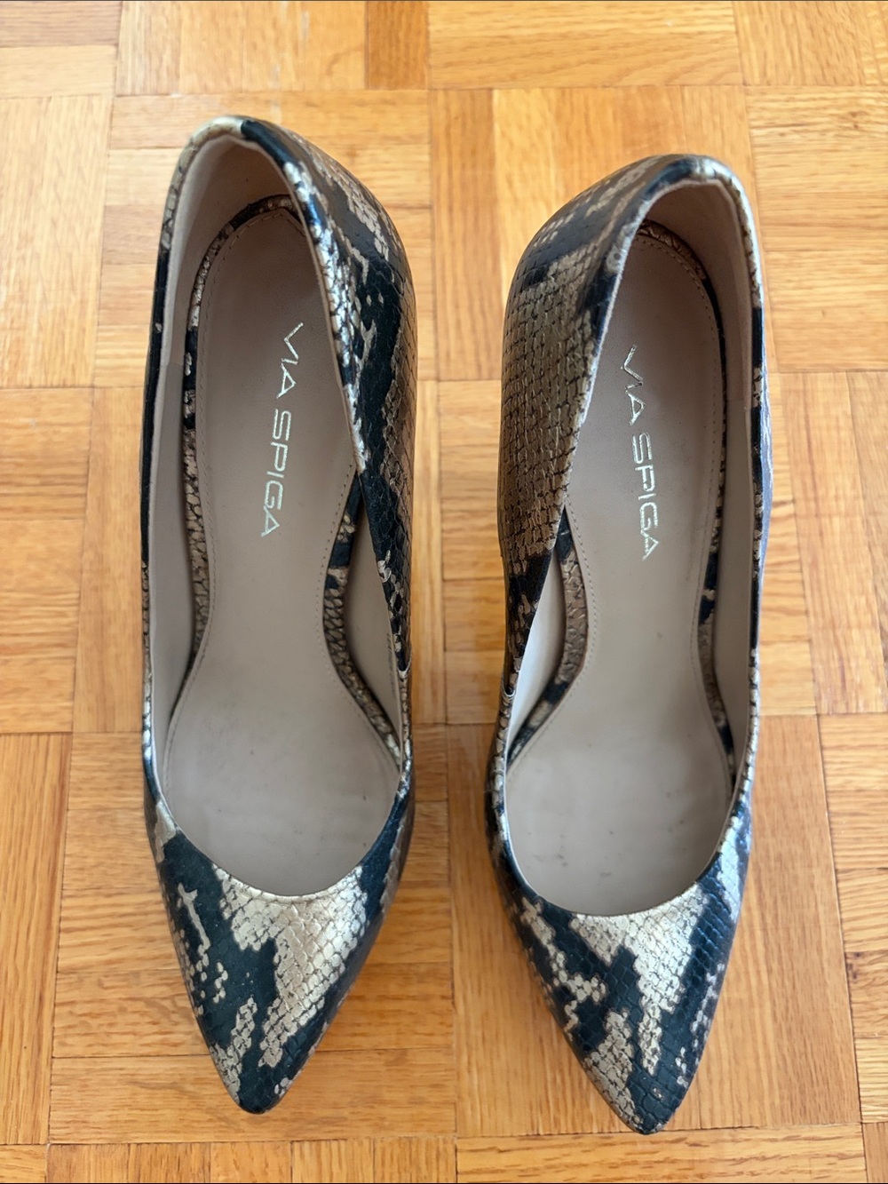 Via Spiga Snake-Print Pointed Toe Pumps in Black and Cream